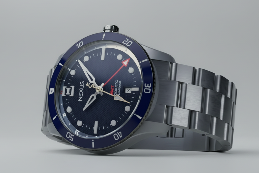 Nexus Elgin Revival Edition GMT watch blue dial stainless bracelet NexusBlock indices