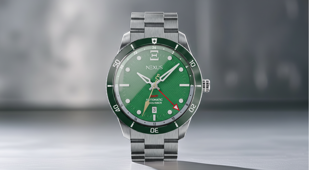 Nexus Elgin Revival Edition GMT watch green dial side profile stainless bracelet